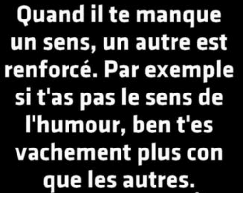 Memes, ð�¤�, and Tes: Quand il te manque un sens, un autre est renforcÃ©. Par exemple si t'as pas le sens de l'humour, ben t'es vachement plus con gue les autres.