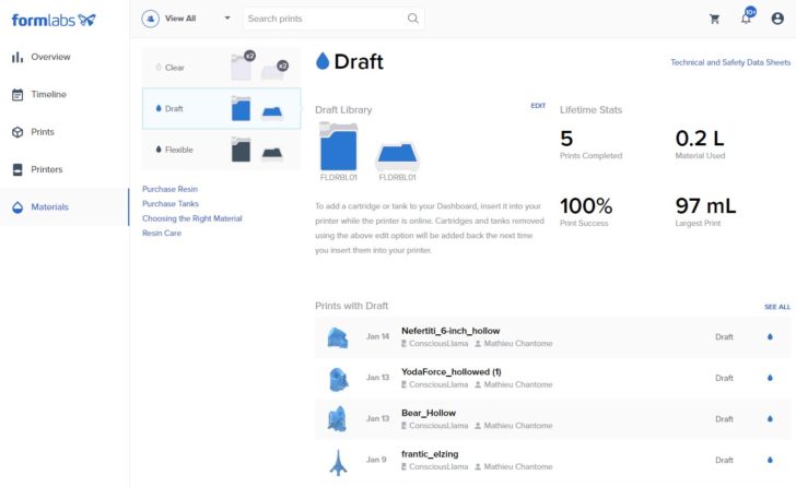 dashboard en ligne formlabs