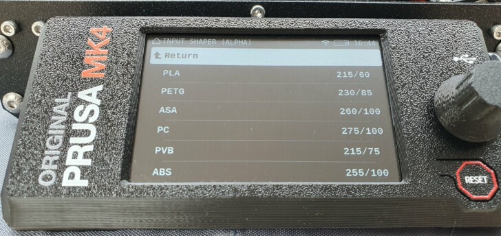 Prusa MK4 Menus type filament