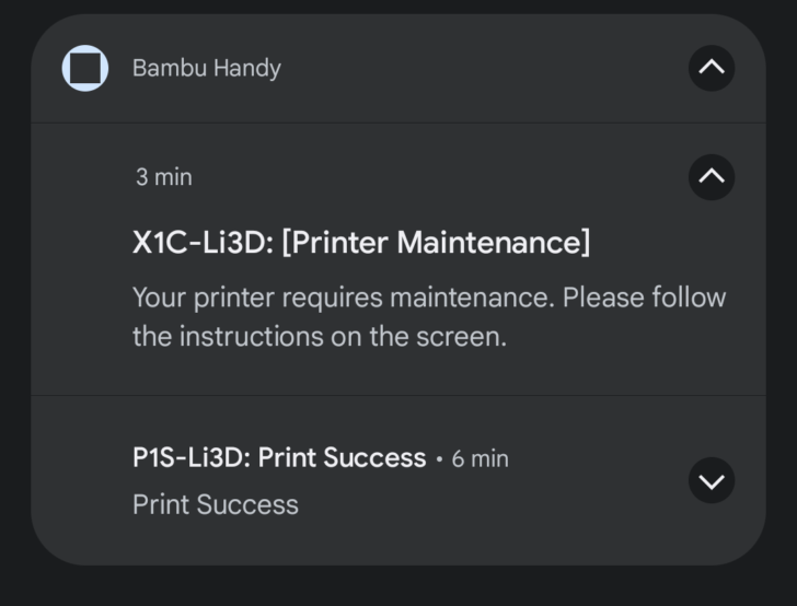 notification bambu handy printer maintenance