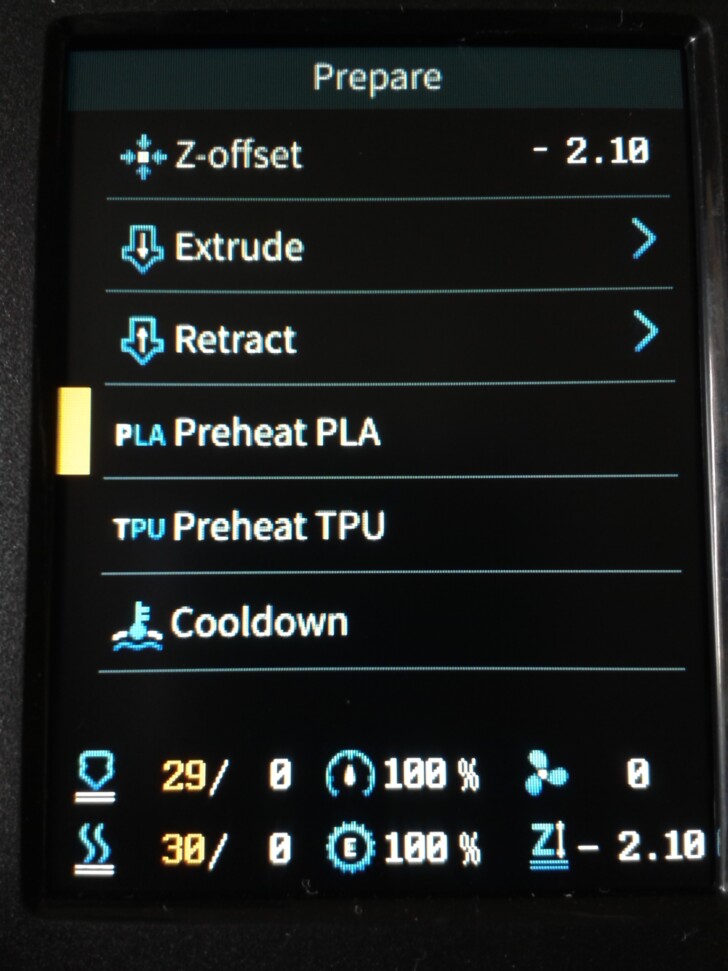 Ender 3 V3 menu Prepare filament PLA