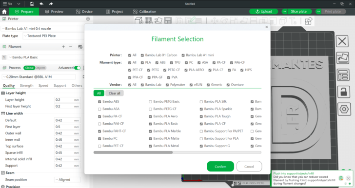 bambu studio a1 mini filaments