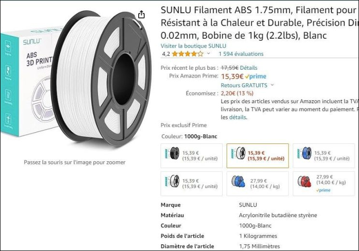 Prime] Filament Acrylonitrile butadiène styrène ABS Sunlu Pour