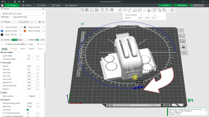 Bambu Studio orientation piece toaster torture test Bambu Lab A1