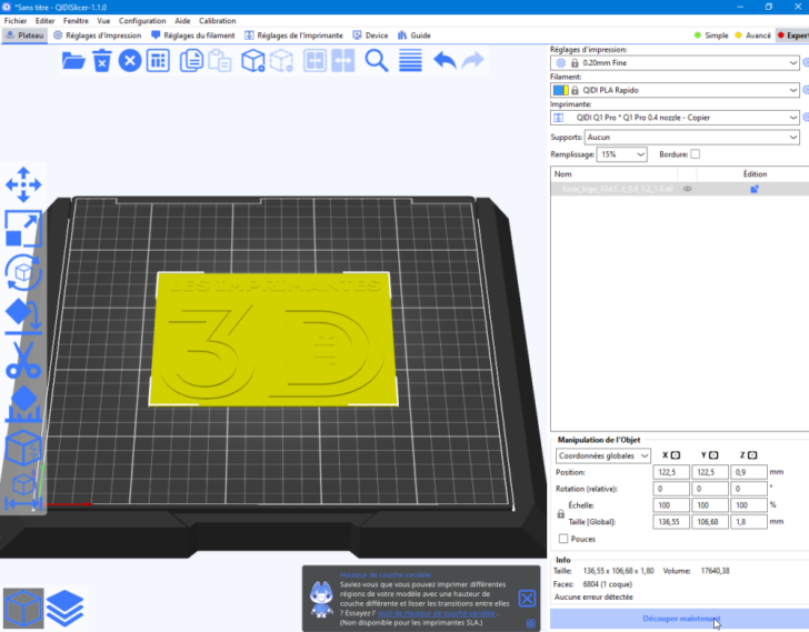 Test Q1Pro Print PLA Logo li3d.fr QidiSlicer AvantTranchage