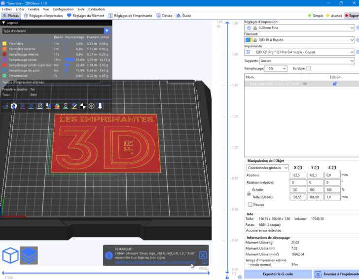 Test Q1Pro Print PLA Logo li3d.fr QidiSlicer InfoBulle PremierTranchage