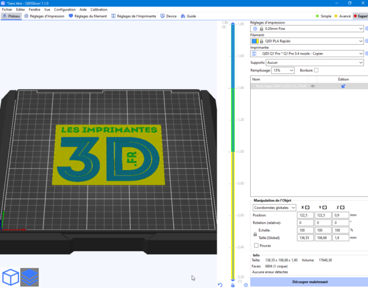 Test Q1Pro Print PLA Logo li3d.fr QidiSlicer TranchageChangementFilament