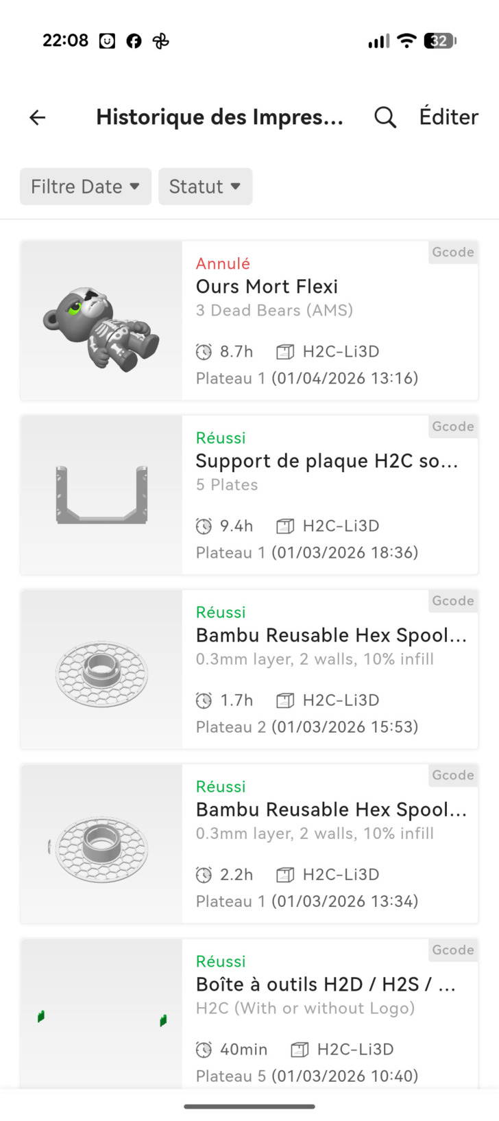 Bambu Handy historique d'impression