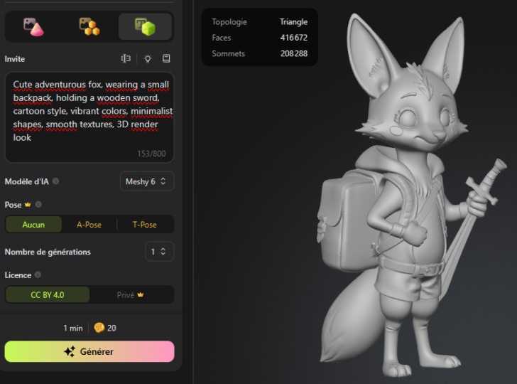 meshy generation 3D renard